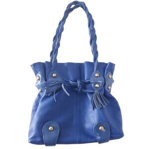Michael Rome Designs Blue Pebbled Leather Shoulder Bag, Tassels, Twisted Handles